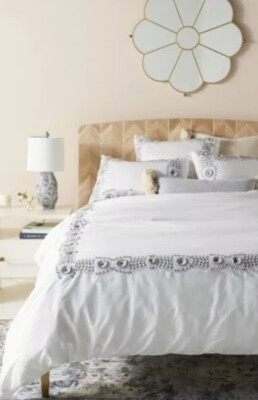 Anthropologie Queen DUVET Embroidered Floral White/Gray Floral