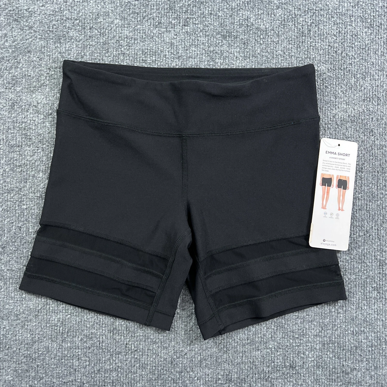 Alo Yoga Womens Shorts Small Black Emma Short Stretch Mesh Dry Wicking Logo *