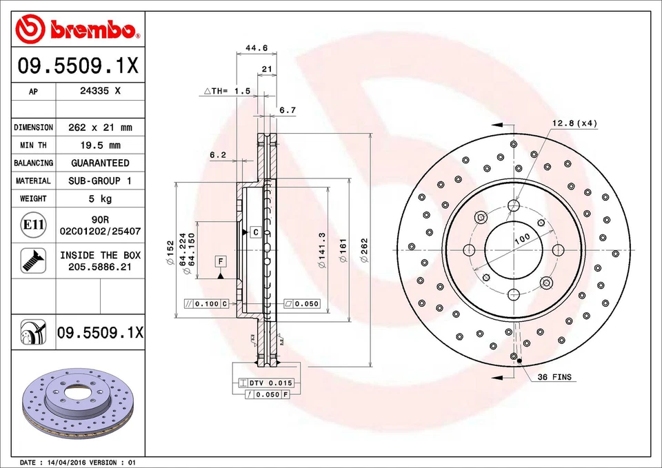 Brembo 09.5509.1X 262mm Front Disc Brake Rotor for 1990-2005 Honda Civic — 第 3/4 张图片
