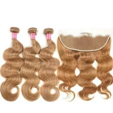 12A HONEY BLONDE 27# BRAZILIAN VIRGIN HAIR 3/4BUNDLES+FRONTAL BODY WAVE 390/490g