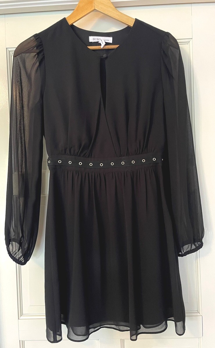 BCBGeneration Black Long Sleeve Dress Size 6 Tall Fit and Flare Keyhole  w/Rivets