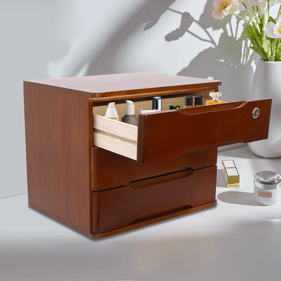 3-Tier File Cabinet Organizer Walnut Desktop Storage Box with Lockable Drawers - Image 3 of 4