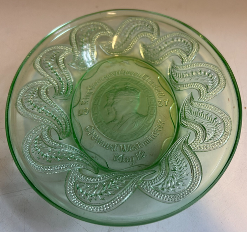 Green Glass Commemorative Dish George VI Coronation 21cm x 17.5cm