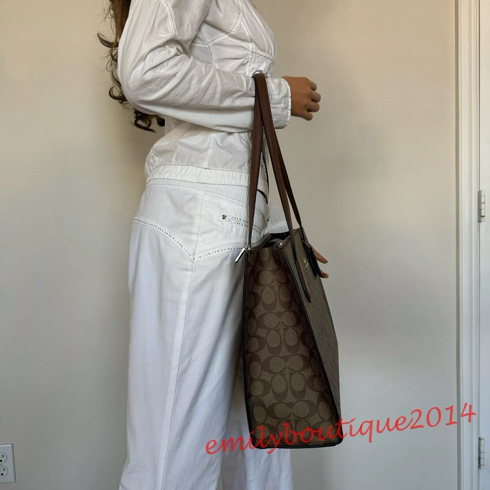 Coach CL399 Nina Signature Tote Khaki Saddle Brown Leather Large Shoulder Bag image 4