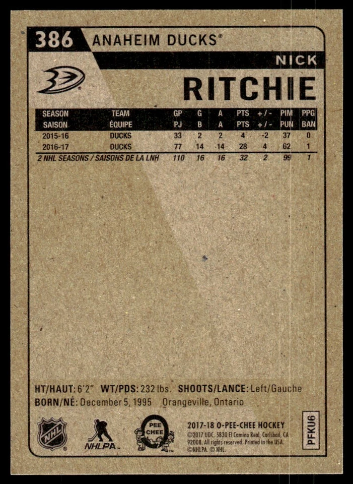 2017-18 O-Pee-Chee Retro Nick Ritchie Anaheim Ducks #386 R34 - Image 2 of 2