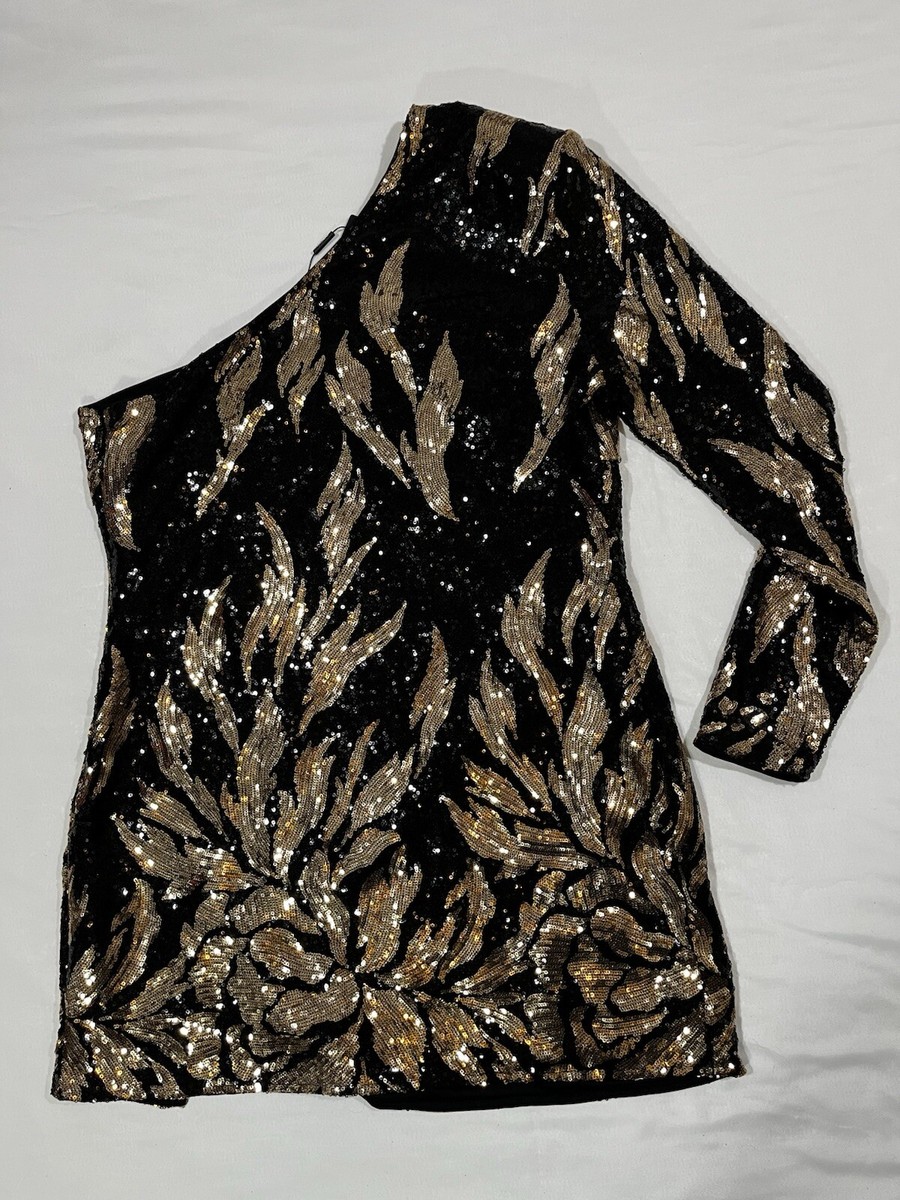 Fashion Nova NWT Black Gold Sequined Cocktail Dress Womens Plus