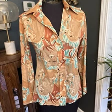 1970s Jungle Animal BLOUSE Vintage Disco Big Collar Button Up Women’s Sz M WOW!