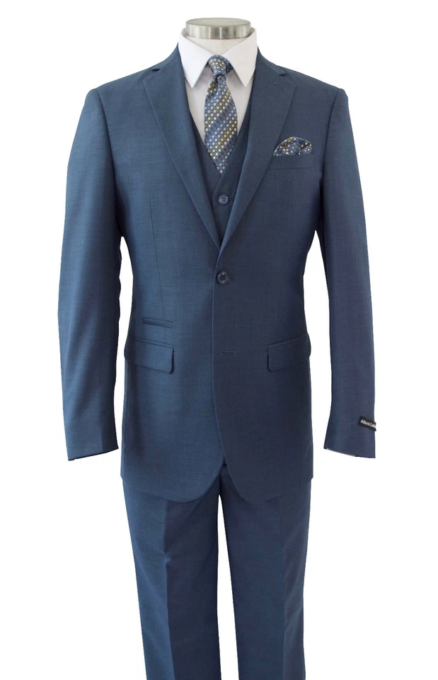 Men's Medium Blue Sharkskin 3pc 2 Button Slim-Fit Suit w/ Matching Vest NEW  - Image 3 of 4