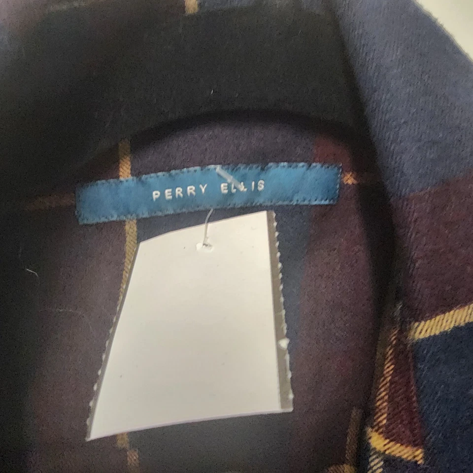 Camisa de vestir Perry Ellis para hombre XL manga larga marrón, azul, amarillo a cuadros Foto 3 de 4