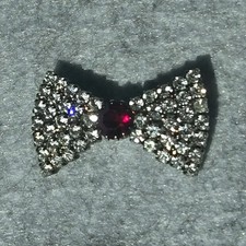 Silver Tone Rhinestone Bow Brooch Pin Red Center Round Fashion Elegant Vintage