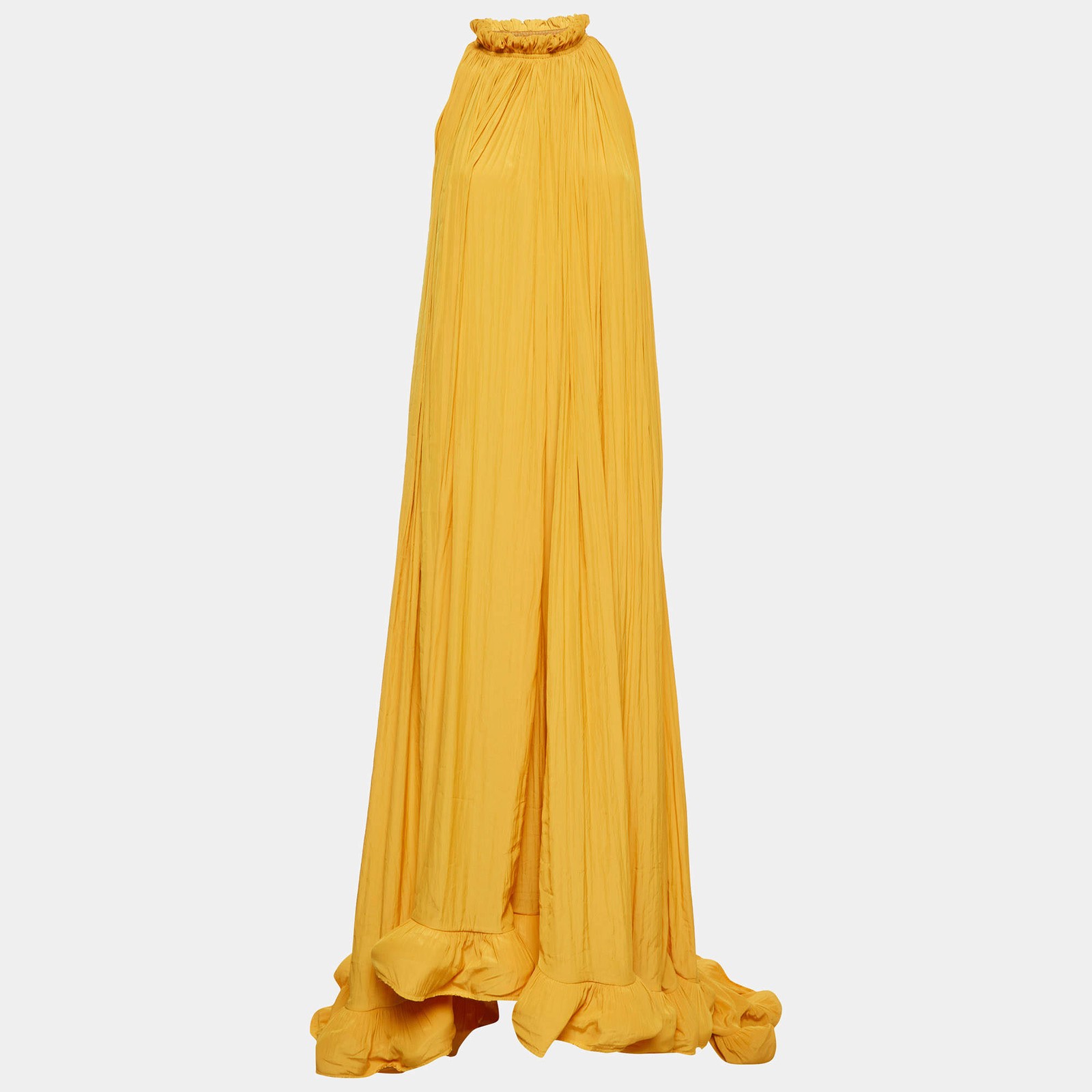 Lanvin Tribute Yellow Charmeuse Gathered Asymmetric Long Dress S