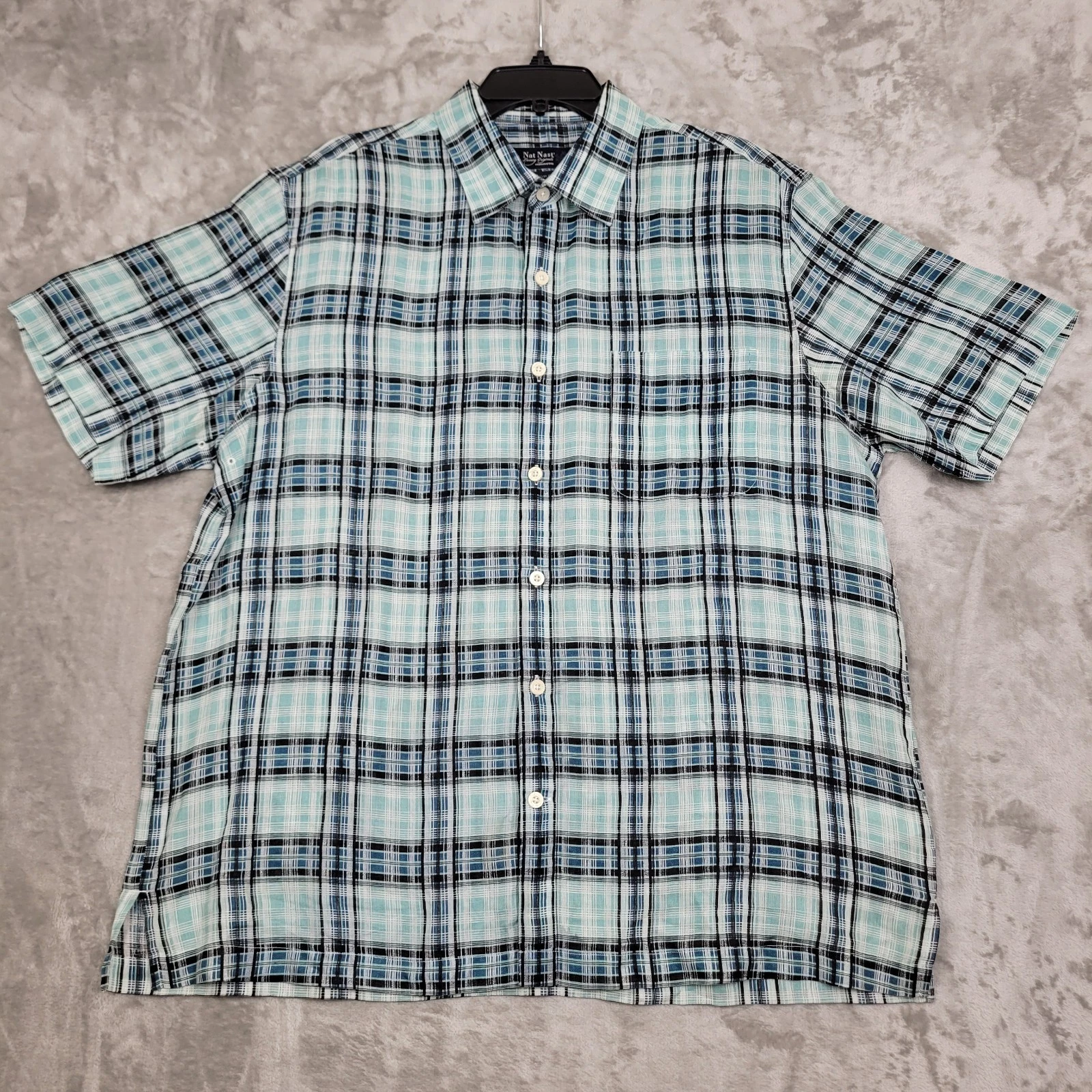 Nat Nast Luxury Men's Large Plaid 100% Linen Short Sleeve Button Up Shirt
