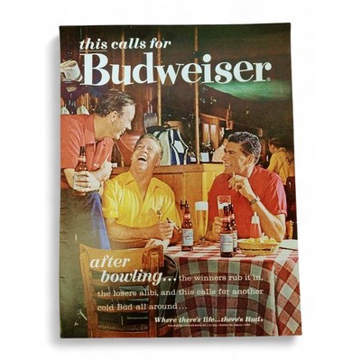 1963 Budweiser Laughing Men Table After Bowling Losers Alibi Orig Vtg PRINT AD