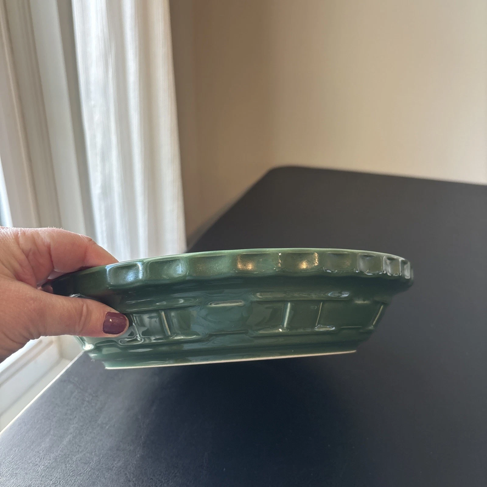 Longaberger Pottery Woven Traditions Forest Green Pie Dish 10” Round Baker Plate