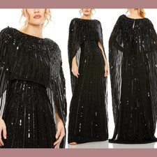 NWT $798 Mac Duggal [ 16 ] 93869 Embellished Beaded Column Cape Gown Black S1527