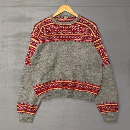 Vintage Strikkeindustri Sweater Grey Fair Isle Hand Knit Pure Wool Norway Large, Size L, $45