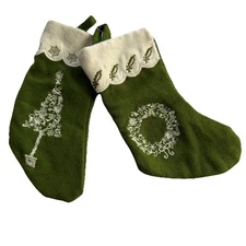 2 Mini Stockings Wool Blend Olive Green Ivory Embroidered Tree Wreath Snowflake
