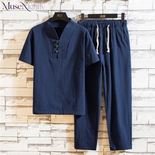 Summer Men's 2pc Cotton Linen Walking Suit Short Sleeve Casual Shirt  Pants Set