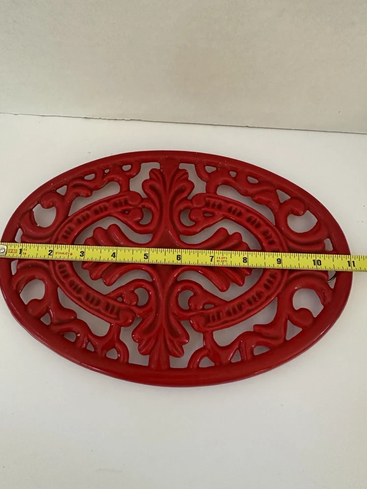 Cast Iron Large Trivet Oval Footed Red Enameled Metal Hot Plate Ornate Farmhouse - Image 3 of 4