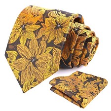 Mens 3.35in Large Floral Necktie, Printed Pocket Square Set, Formal, Wedding