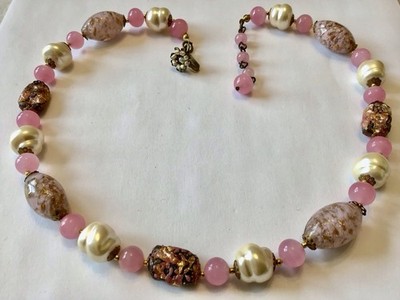 VINTAGE MIRIAM HASKELL SIGNED PINK SOMMERSO FOIL FAUX PEARL GLASS NECKLACE