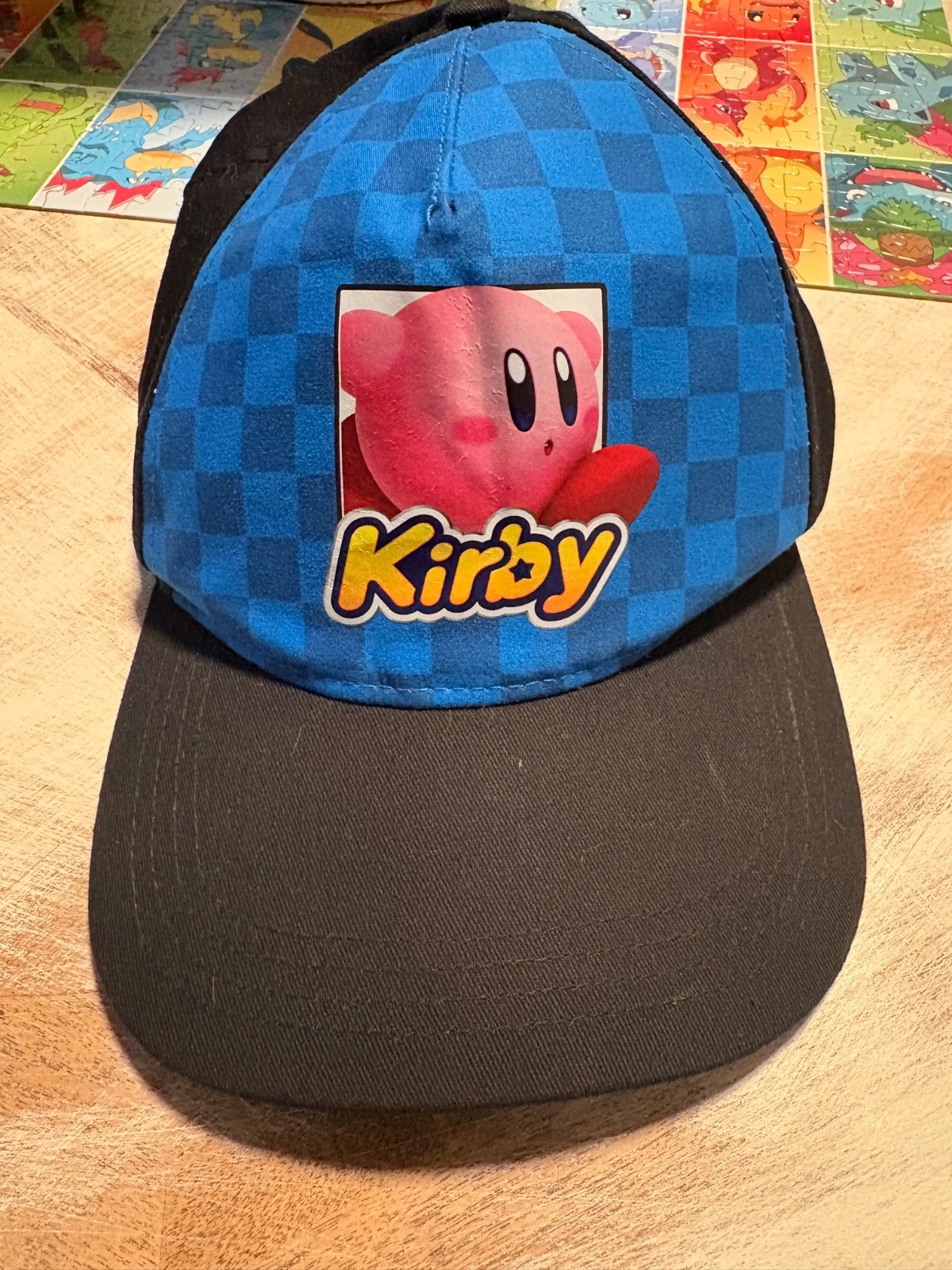 Nintendo Kirby Snapback Hat Blue Checkered Pattern Black Brim Retro Gamer