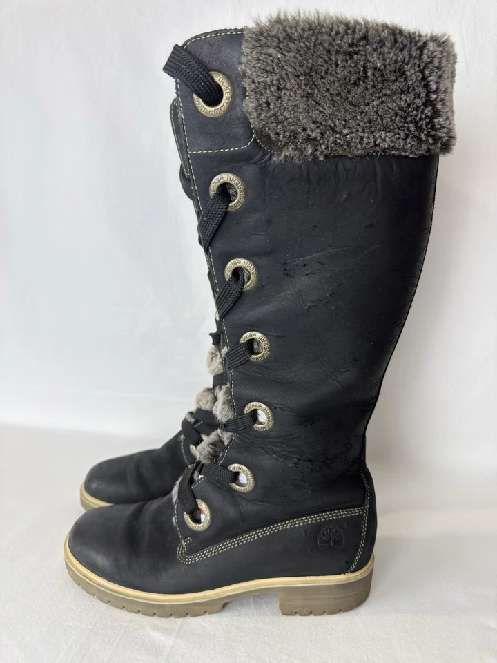 Timberland Botas Altas Cálidas Negras 6.5 M Forradas de Piel Cuero Hasta la Rodilla Con Cordones Mirney Foto 2 de 4