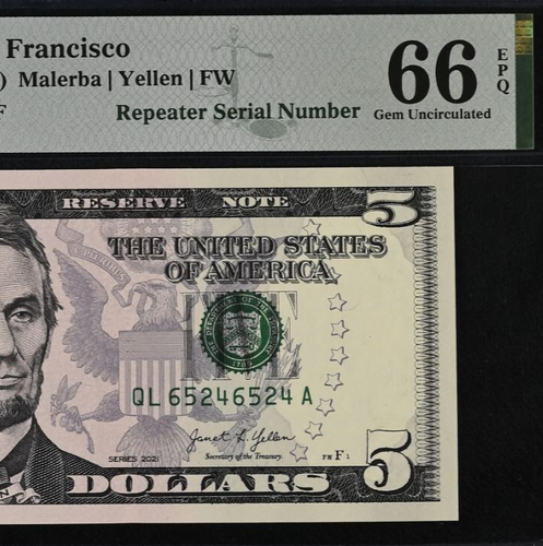 2021 $5 Federal Reserve Note PMG 66EPQ - Fancy Repeater Serial Number - 65246524