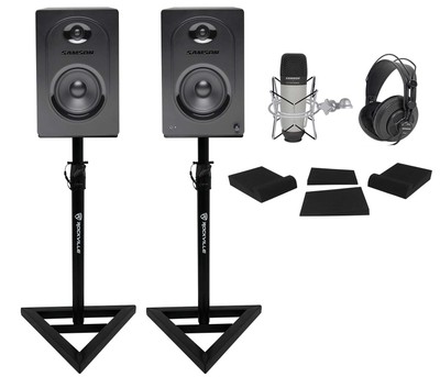 Pair Samson M50 5'' Active Studio Monitors+Stands+Pads+Headphones+Mic+Shock Mount