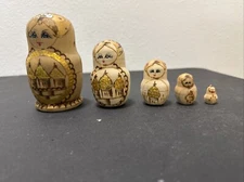 Russian 5" Matryoshka Nesting Dolls Burned Wood Hand Painted Gold Silver 5pc 