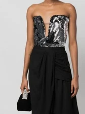 $650 Isabel Marant Women's Silver Sequin Embellished Plunge Top Size T1