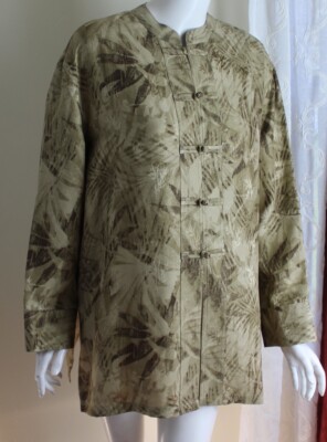 Chico's Sz 2 L GOLD Green SILK Asian Art Bamboo Print Shirt Jacket Citron Harari