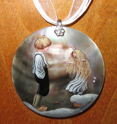 SHELL Pendant John Bauer The Seven Wishes Fairy & Boy Russian Hand painted 