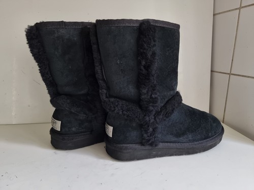 UGG AUSTRALIA CARTER UK 3 EU 36 WOMENS BLACK SUEDE LEATHER FUR FLAT ANKLE BOOTS - Picture 10 of 12
