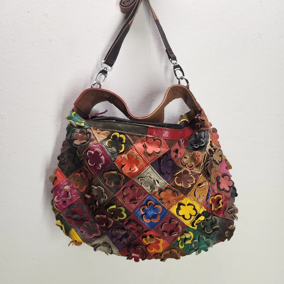 Genuine Leather Colorful Floral Patchwork Handbag Women's Tote Shoulder Bag - Image 2 of 4