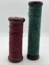 Set of 2 Vintage Industrial Textile Thread Wooden Bobbin Spools w Thread AS IS