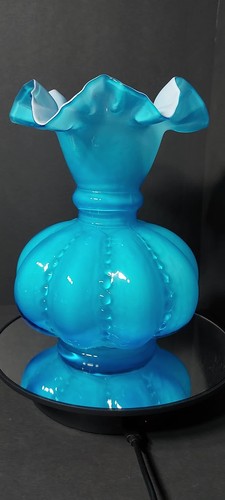 BLUE BEADED MELON GLASS 8" VASE DOUBLE CRIMPLE RUFFLE - Video 1 of 1