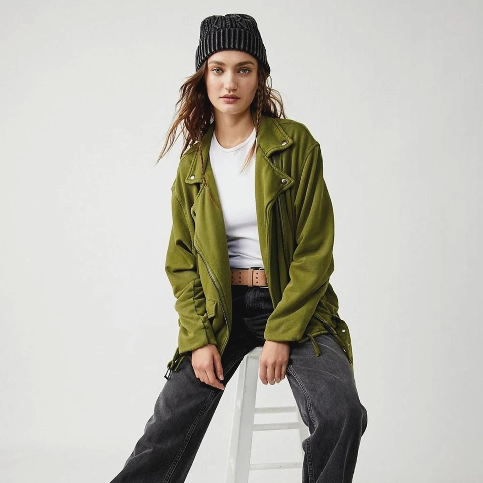 Free People Rebel 针织超大摩托车夹克 - 绿色 - XL 码