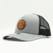 Trucker Hat,Leather Patch Five Panel Snapback with Mosaic Sunset Mountain Design