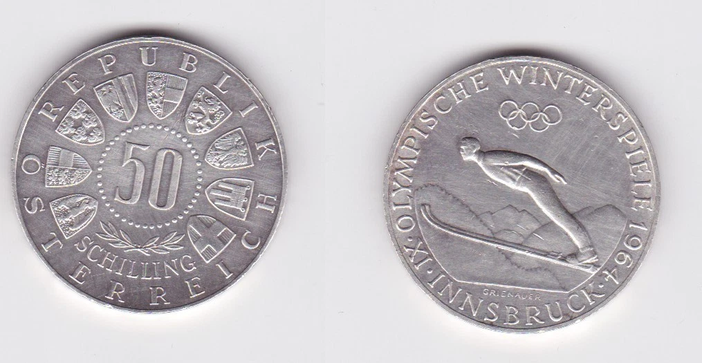 50 Schilling Silber Münze Österreich Olympiade Innsbruck 1964 ss+ (168802)