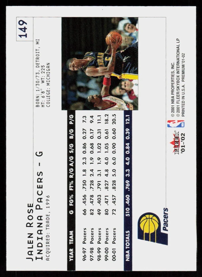 2001-02 Fleer Premium Jalen Rose #149 BASKETBALL CARD Indiana Pacers - Image 2 of 2