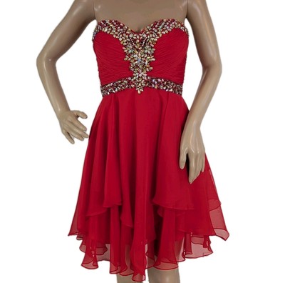 Cinderella Strapless Red Formal Mini Dress Layered Chiffon Rhinestone Detail 