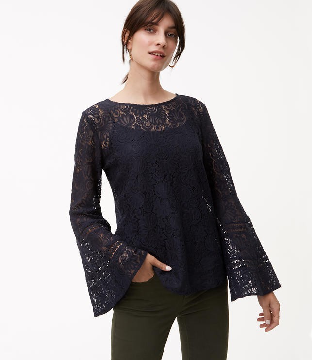 ANN TAYLOR LOFT WOMAN LACE TOP WITH BELL SLEEVE, BOAT NECK, NAVY, SIZE PM, NEW