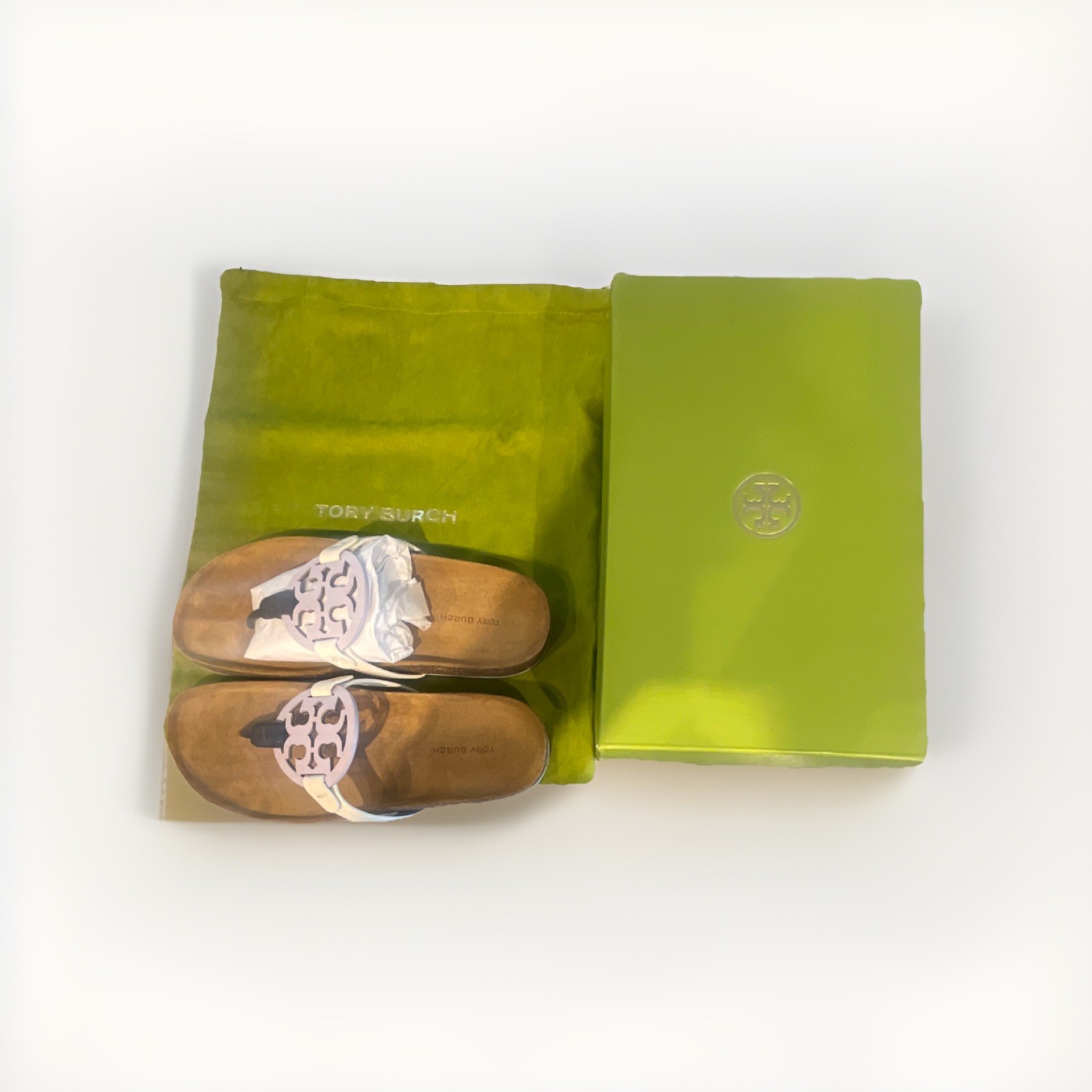 Tory Burch Leather Cork Thong Sandals Spring Lavender Logo Straps Size 8