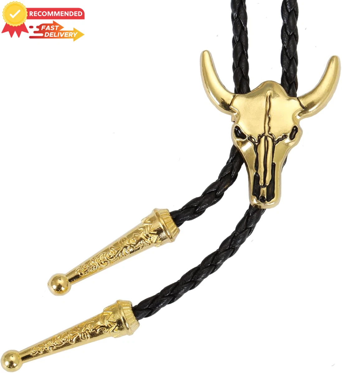 Western Cowboy Bolo Tie Men Cow Skull Black Leather Vintage Necktie Necklace