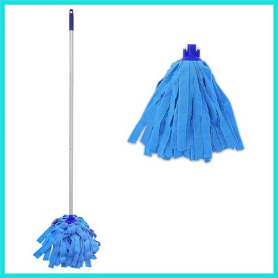 Mop, One Pole with Two Blue Microfiber Cloth Heads 1 Handle & 2 Mop Heads