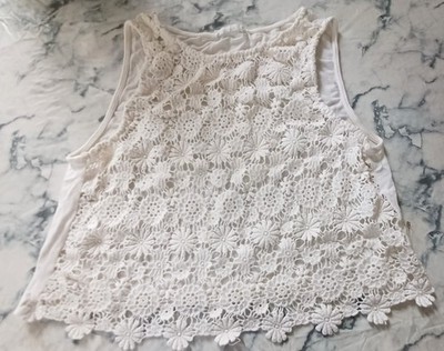 BCNU Small Junior Tank Top White Crochet Lace Floral Boho Festival Coquette READ