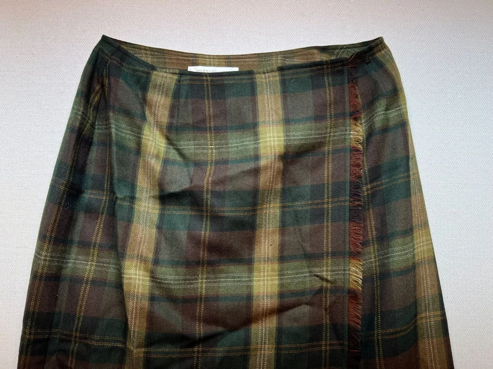 Falda midi envolvente con flecos de lana Jones New York para mujer frente plano talla 12 a cuadros múltiples Foto 4 de 4