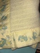 Vintage Curity Baby Crib Blanket 1950s Quilted Thermal Waffle 49x39 Yellow Blue