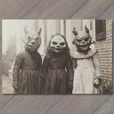 Art Print Children in Eerie Creature Masks Strange Old-Fashioned Halloween Kids